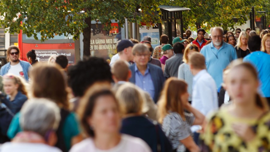 Folk på trottoar i svensk stadsmiljö med utslagna träd.